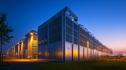 Obraz premium Large scale data center building complex at night.