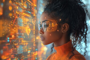 Cybersecurity Insights: African American Female IT Specialist Analyzing AI Data in Augmented Reality Context