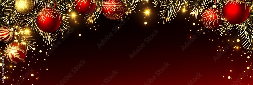 Poster Red and gold Christmas ornaments on a dark background.