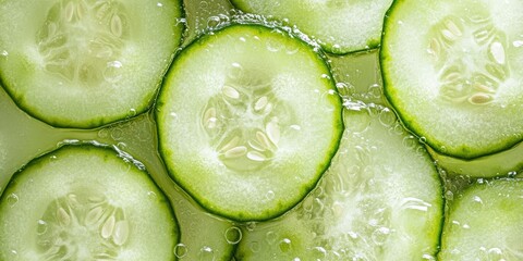 Fresh Cucumber Slices in Water with Bubbles