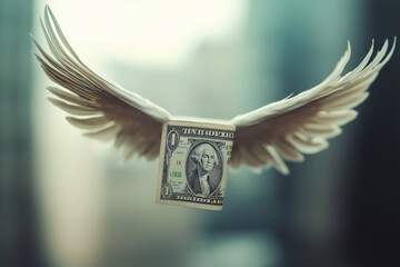 Flying dollar bills  captivating photography of money with wings and stacked cash
