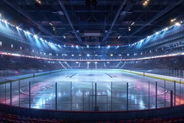A modern hockey stadium with a large ice rink, perfect for sports and events