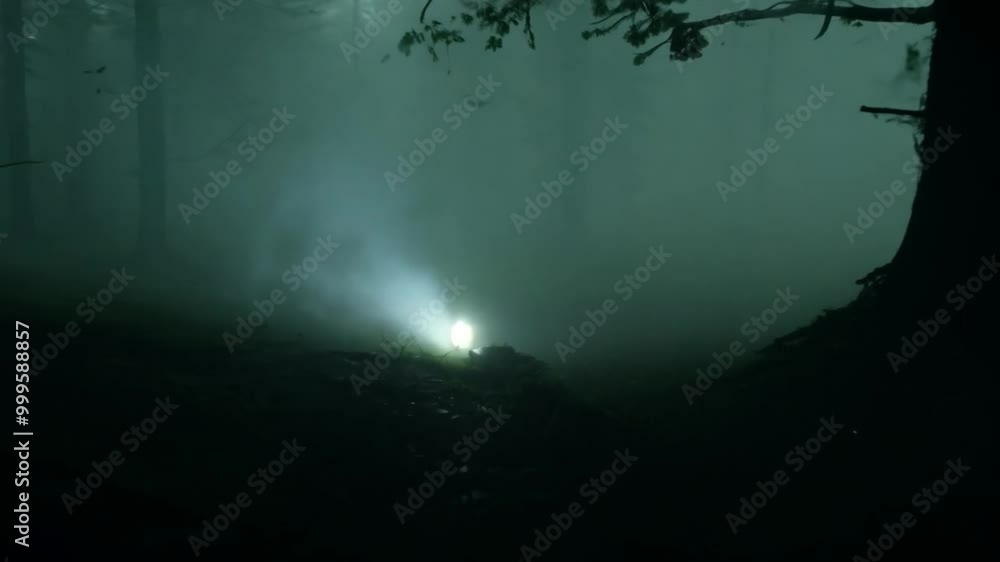 Poster dark and mysterious forest scene with tall trees and fog, creating an eerie atmosphere.