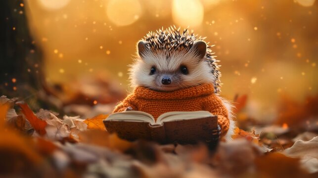 Hedgehog in a scarf reading a book on autumn leaves background
