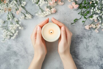 Top view of female hands gently cradling a fragrant candle for a cozy atmosphere