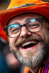 A joyful man with a beard and glasses wears a vibrant orange hat, exuding happiness, This cheerful photo can be used for marketing campaigns, lifestyle blogs, or any content focusing on positivity,