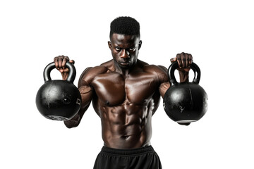 Motivational athlete training with kettlebells, conveying the essence of strength and determination, on a white background.