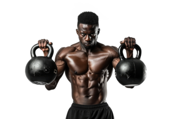 Motivational athlete training with kettlebells, conveying the essence of strength and determination, on a white background.