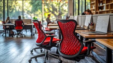 Modern coworking space with natural lighting, wooden floors, and indoor plants showcasing a collaborative work environment