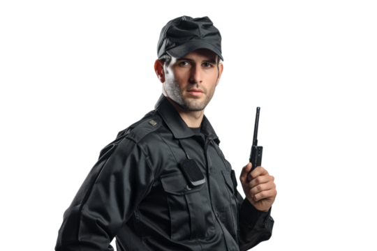 A security guard in a black uniform, holding a walkie-talkie , white background.