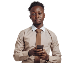 A young businessman from Sub-Saharan Africa, in a modern setting, holding a smartphone, symbolizing the promise and potential of African entrepreneurs.