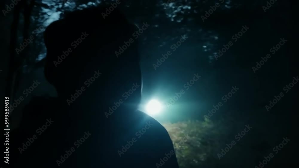 Poster silhouette of a person in a dark forest with a soft green glow in the distance.