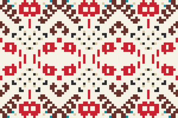 Pixel Ethnic Ikat Pattern Fabricfolk Embroidery, Aztec Geometric Ornament Print. Design for Carpet, Wallpaper, Clothing, Wrapping, Fabric