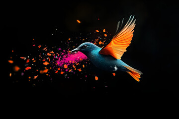 Fototapeta premium Birds. Dispersion, splatter effect on black background.