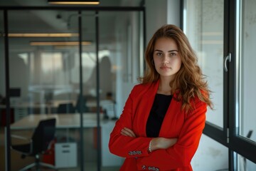 Obraz premium A woman stands in an office wearing a red jacket, suitable for business or professional use