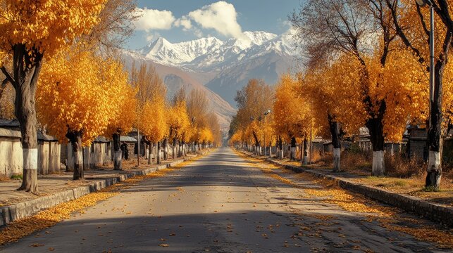 Autumn in Kashmir, with golden Chinar trees lining the streets, and snow-capped peaks visible beyond the horizon.