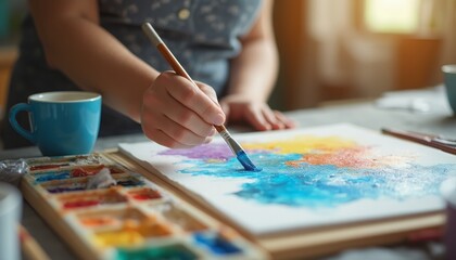 Naklejka premium An artist is painting with watercolors on a canvas, using bright and vibrant colors, while a cup of water sits nearby. The scene highlights creativity and artistic expression.