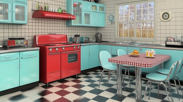 vintage retro kitchen with colorful 1950s - style appliances, checkerboard floors, and retro diner seating, 16:9