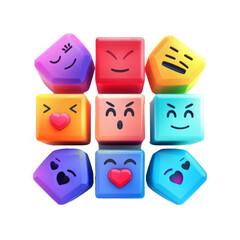 A flat lay composition of colorful cubes, each cube representing a different emotion through , a white background.