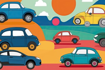 Vibrant Vector Illustration of Fun Cars in a Colorful Landscape