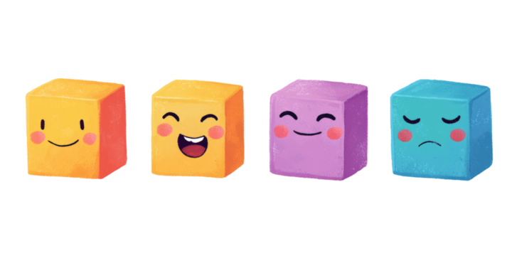 Four large colored cubes, each demonstrating a separate emotion, isolated on a white background.