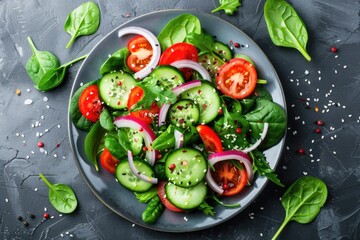 A plate of mixed greens with spinach, tomatoes, and onions