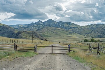 Fototapeta premium A dirt road leads to a fenced-in area, surrounded by mountains
