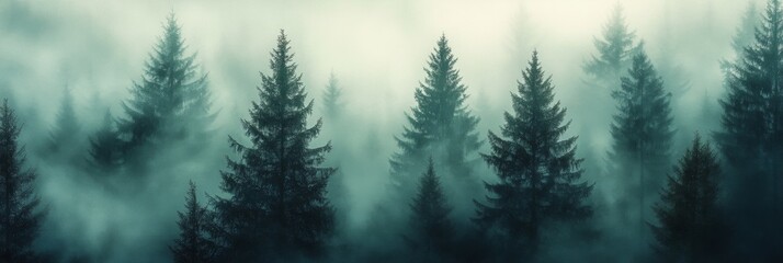 Obraz premium Misty Pine Forest Serenity, towering pines shrouded in gentle mist, creating an ethereal and tranquil atmosphere in nature's embrace