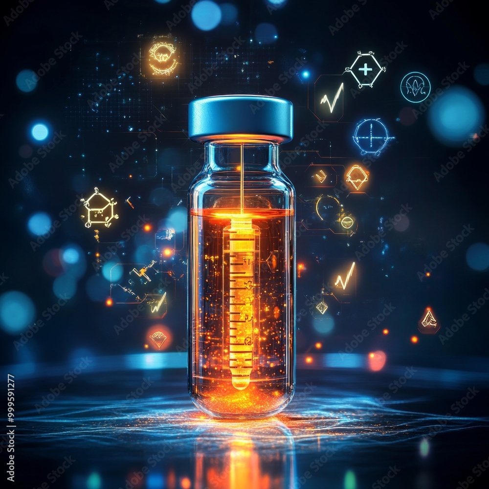 Poster a bright vial filled with glowing liquid stands at the center of a digital realm. the background fea