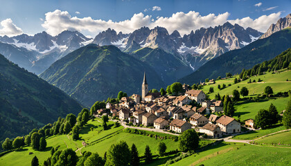 Village pittoresque des Alpes devant une cha&icirc;ne de montagnes majestueuses