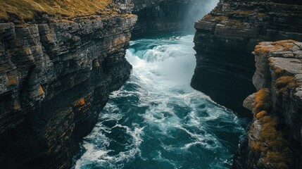 A dramatic shot of the Golden Falls surrounded by rugged Irish cliffs, with the water crashing powerfully into the gorge below
