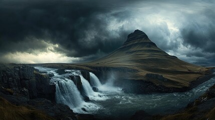 A dramatic view of Kirkjufell under a stormy sky, with the cascading waters of Kirkjufellsfoss providing contrast