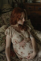Fototapeta premium A woman with vibrant red hair sits on a bed, looking contemplative