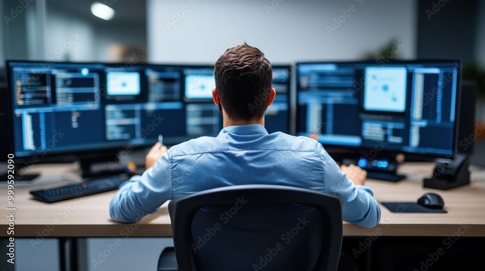 Poster professional in front of multiple monitors in office