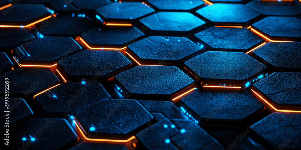 Poster close-up view of a textured hexagonal pattern illuminated with blue light in a modern digital enviro