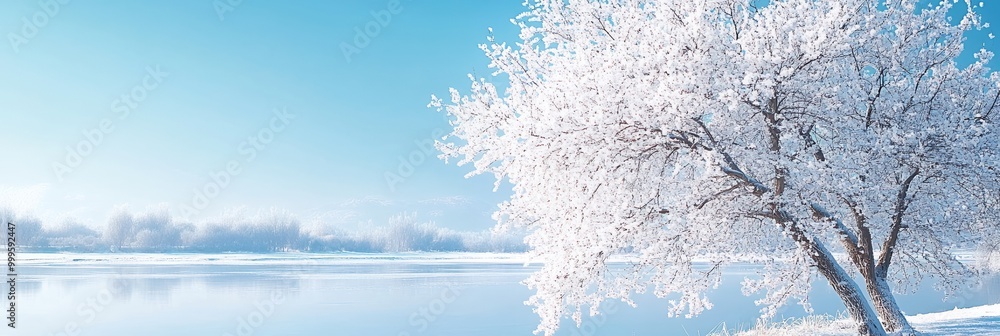 Canvas Prints A snow-covered tree stands tall by a frozen lake.