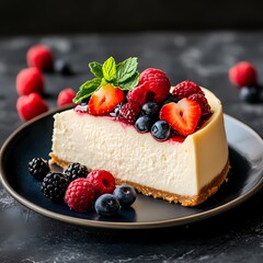 A slice of New York cheesecake topped with fresh berries
