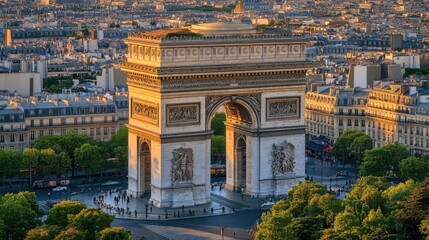 Obraz premium A panoramic view of the Arc de Triomphe, with Parisian streets and famous landmarks visible in the background.