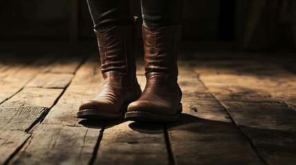A pair of brown cowboy boots on a wooden floor.