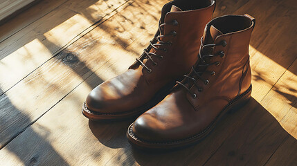 A pair of brown leather boots on a wood floor.