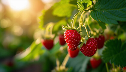 A close-up of small, ripe wild strawberries hanging from a delicate vine, basking in the soft