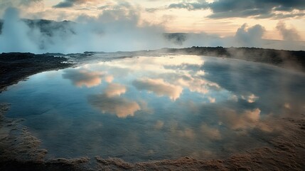 Fototapeta premium A peaceful scene at Iceland's Geysir, with steam rising gently from the earth as the natural hot spring lies dormant.