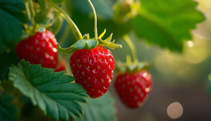 A close-up of small, ripe wild strawberries hanging from a delicate vine, basking in the soft