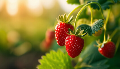 A close-up of small, ripe wild strawberries hanging from a delicate vine, basking in the soft