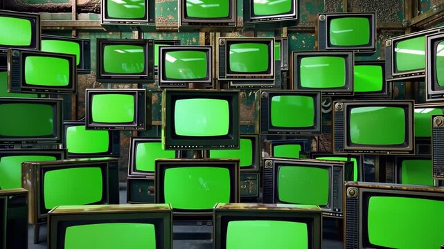 Stacked television screens displaying green backgrounds in a modern digital environment