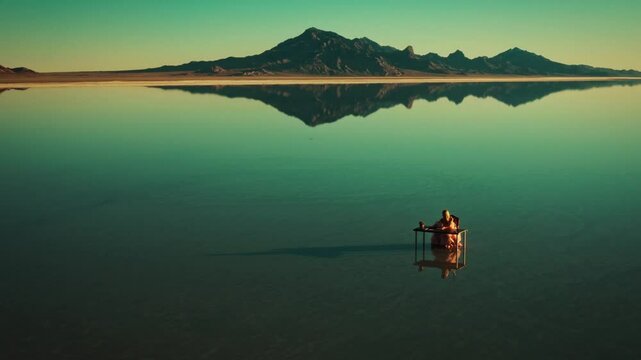 Drone captures woman in pink gown sitting at a desk on a serene lake