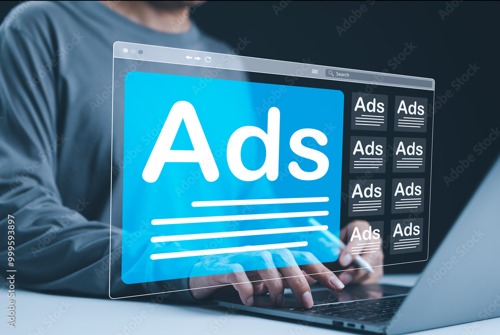 Poster analyzing online advertising campaigns. a person using a laptop with multiple digital ad windows on 