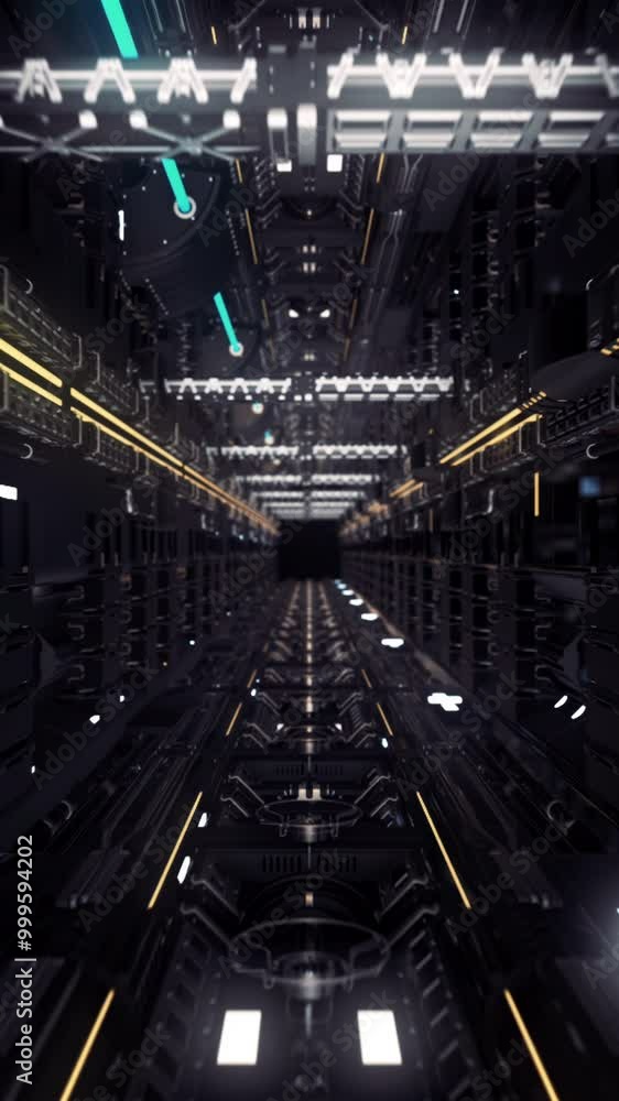 Poster flying through the digital futuristic dark tunnel, seamless loop. animation. view inside of a techno