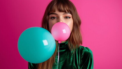 Naklejka premium A girl in a green velvet top blowing a large bubblegum balloon, set against a vibrant pink backdrop