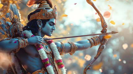 Artistic Illustration of Lord Rama Holding a Bow, Symbolizing Victory of Good Over Evil, Celebrating the Indian Festival of Dussehra with Vibrant Colors